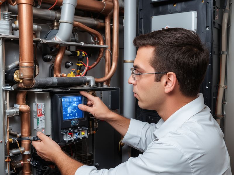 Professional HVAC technician working on furnace system with diagnostic equipment in modern residential setting