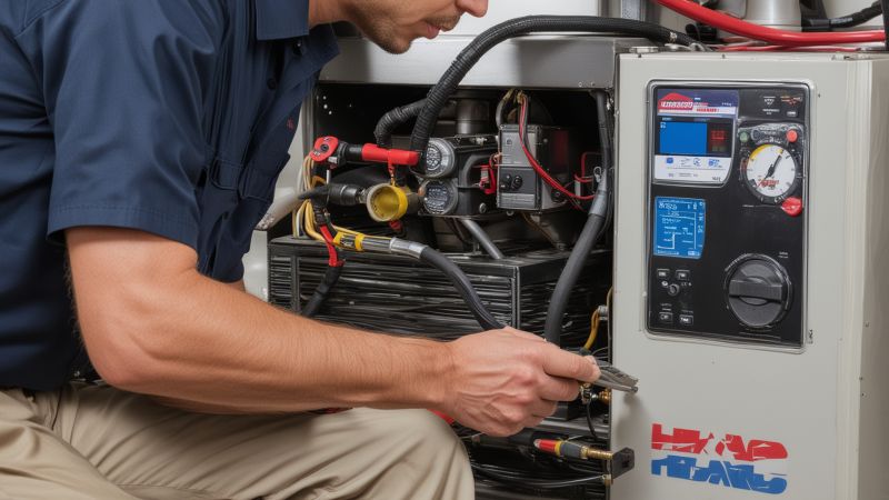 HVAC technician performing diagnostic testing on furnace with specialized tools and equipment