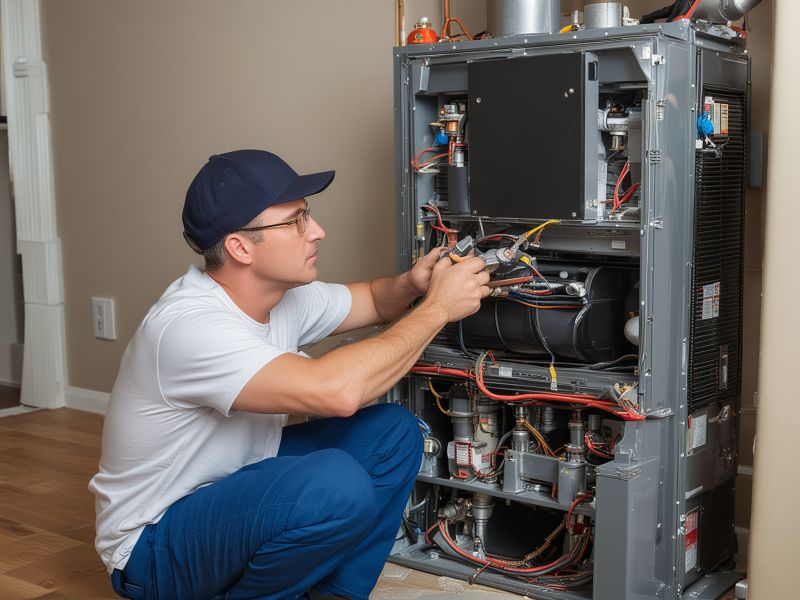 Professional HVAC technician installing new high-efficiency furnace in residential home with proper ventilation setup