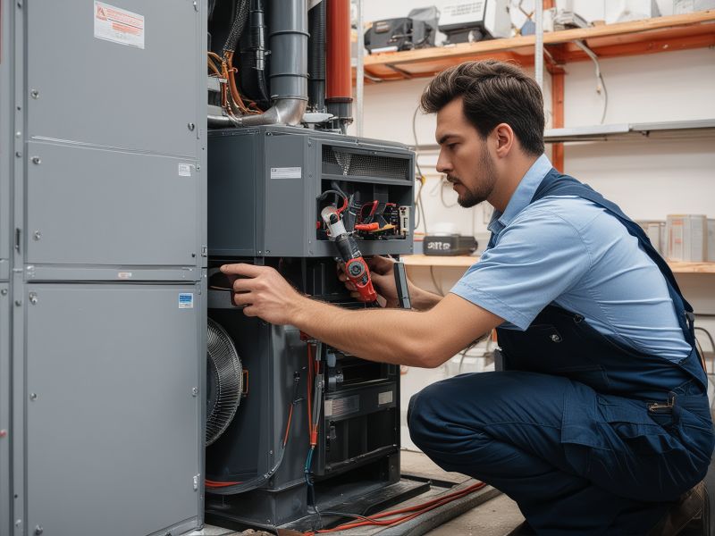 Professional HVAC technician working on furnace system in modern workshop