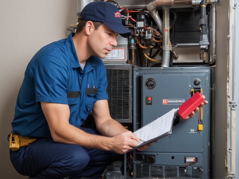 Professional HVAC technician performing annual furnace maintenance with diagnostic tools and checklist