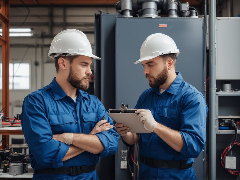 Professional HVAC team in uniform working together in modern workshop environment