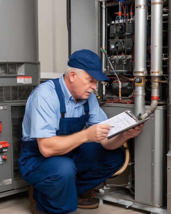 Senior HVAC technician in professional uniform performing furnace diagnostic check