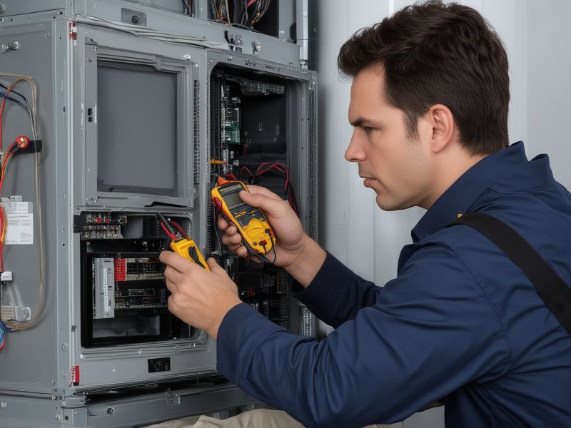 Professional HVAC technician diagnosing furnace problem with digital multimeter and diagnostic equipment